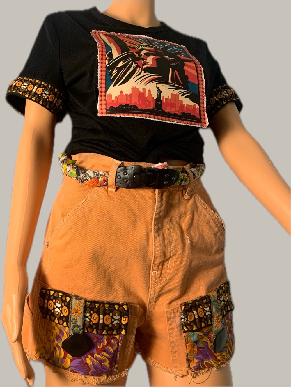 Boho Tan Patch Pocket Jean Shorts with Decorative Trim - Picture 11 of 12